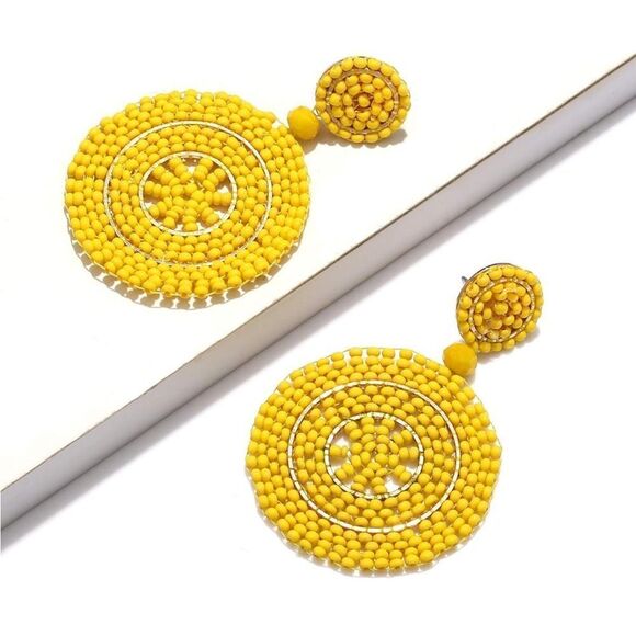 Yellow Beaded Double Round Disc Boho Dangling Drop Statement Post Back Earrings - Picture 4 of 7